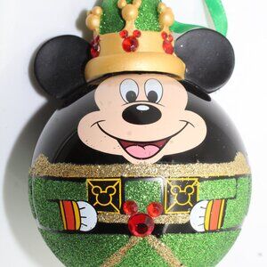 Disney Parks Green Nutcracker Mickey Mouse Glass Ball Ornament 5" tall
